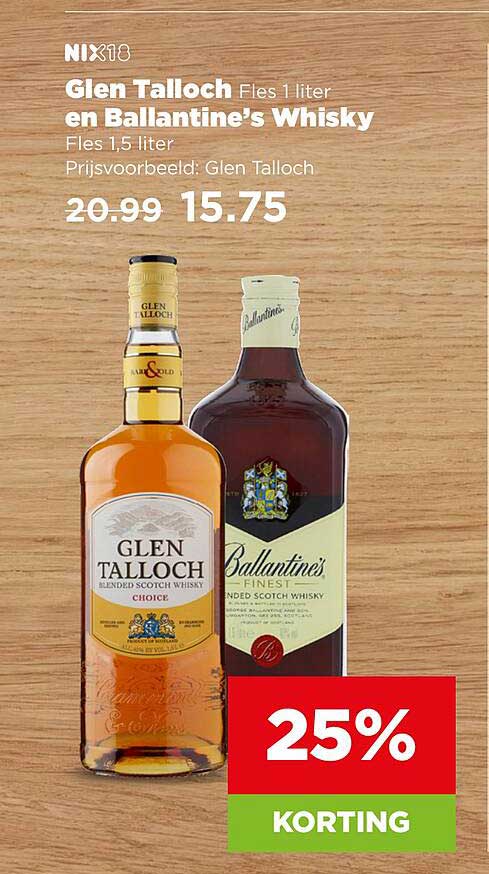 Glen Talloch Fles 1 liter en Ballantine's Whisky Fles 1,5 liter 25% KORTING