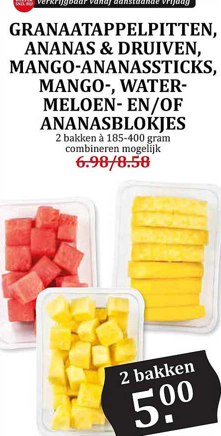 GRANAATAPPELPITTEN, ANANAS & DRUIVEN, MANGO-ANANASSTICKS, MANGO-, WATERMELOEN- EN/OF ANANASBLOKJES