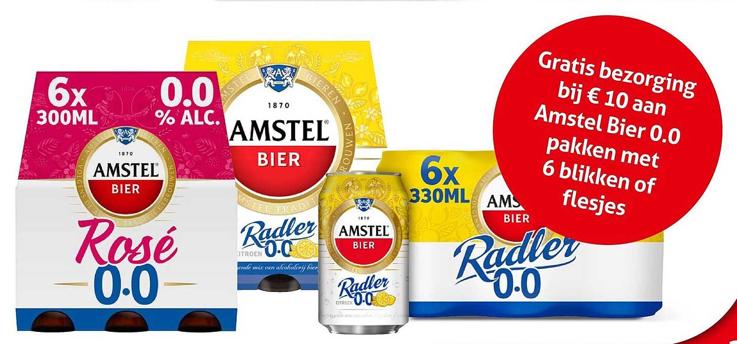 Gratis bezorging bij € 10 aan Amstel Bier 0.0 pakken met 6 blikken of flesjes