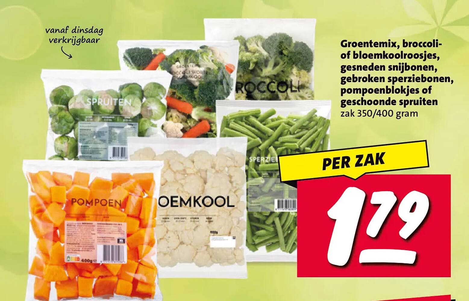 Groentemix, broccoli- of bloemkoolroosjes, gesneden snijbonen, gebroken sperziebonen, pompoenblokjes of geschoonde spruiten zak 350/400 gram