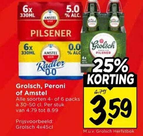 Grolsch, Peroni of Amstel 25% KORTING
