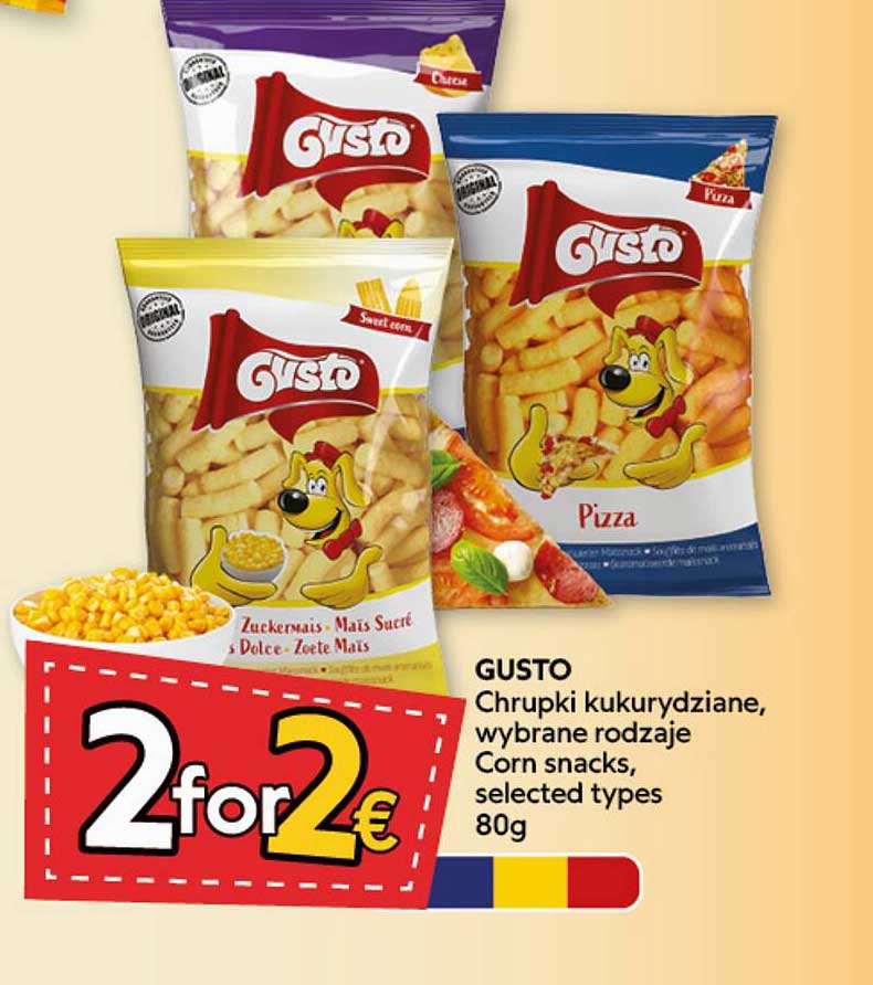 GUSTO Chrupki kukurydziane, wybrane rodzaje Corn snacks, selected types 80g 2 for 2€