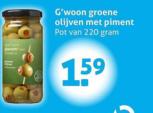G'woon groene olijven met piment Pot van 220 gram