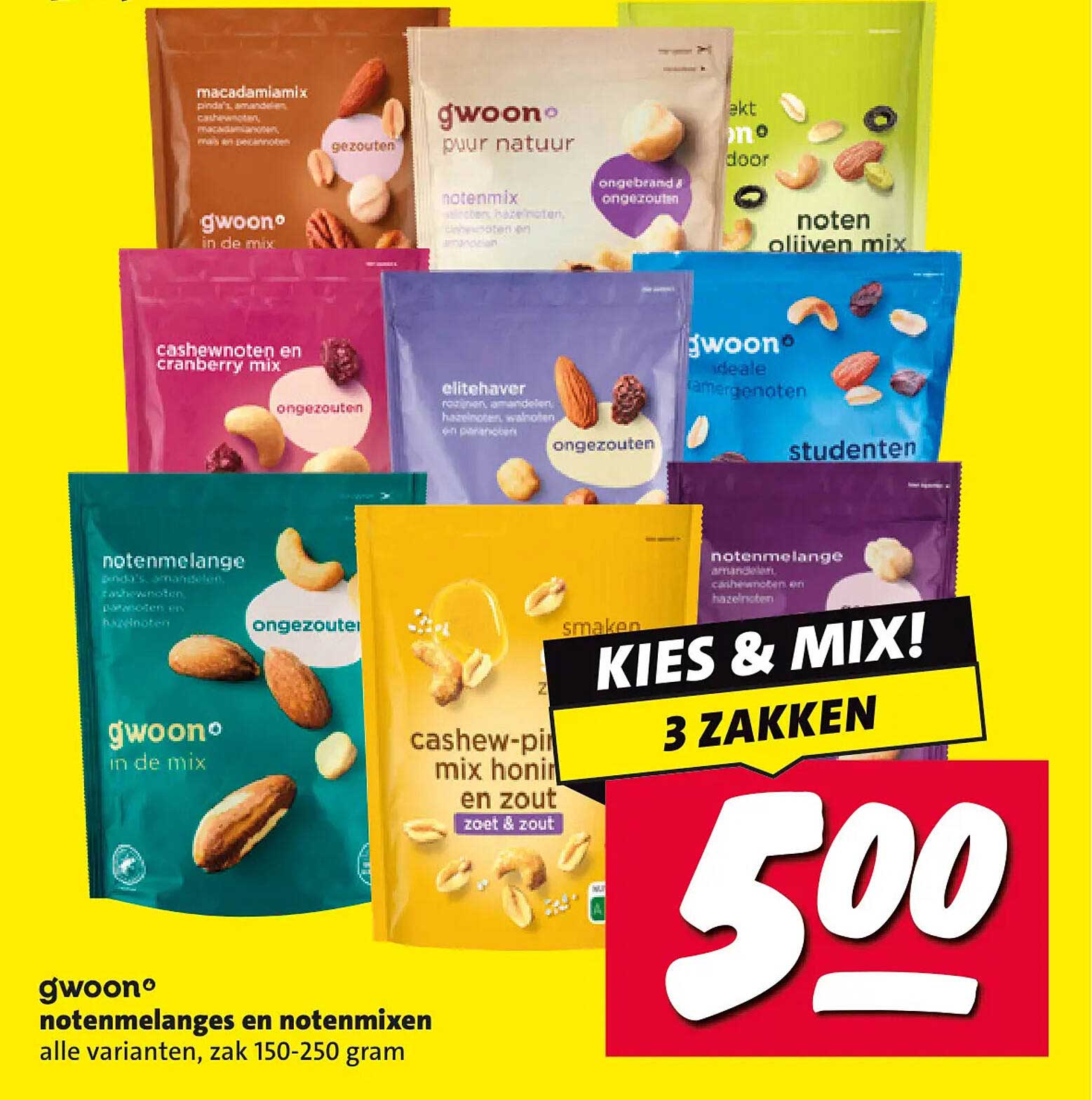 g'woon notenmenges en notenmixen alle varianten, zak 150-250 gram KIES & MIX! 3 ZAKKEN