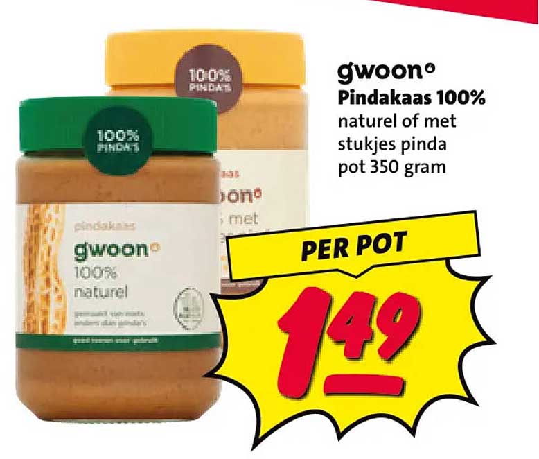 g'woon Pindakaas 100% naturel of met stukjes pinda pot 350 gram