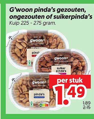 G'woon pinda's gezouten, ongezouten of suikerpinda's Kuip 225 - 275 gram. per stuk