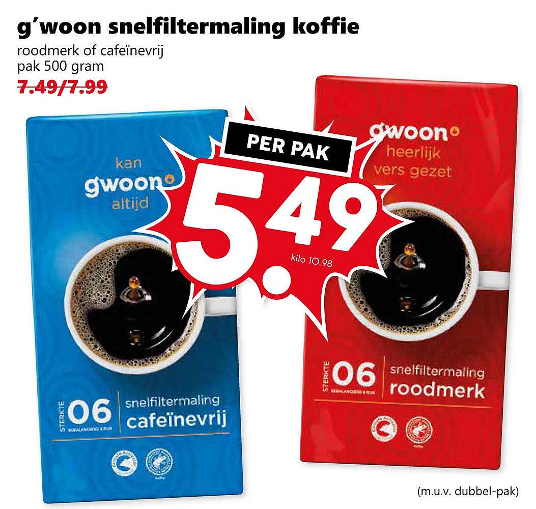 g'woon snelfiltermaling koffie roodmerk of cafeïnevrij pak 500 gram