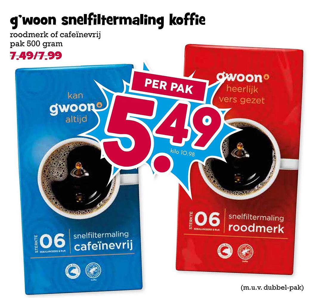 g'woon snelfiltermaling koffie roodmerk of cafeïnevrij pak 500 gram