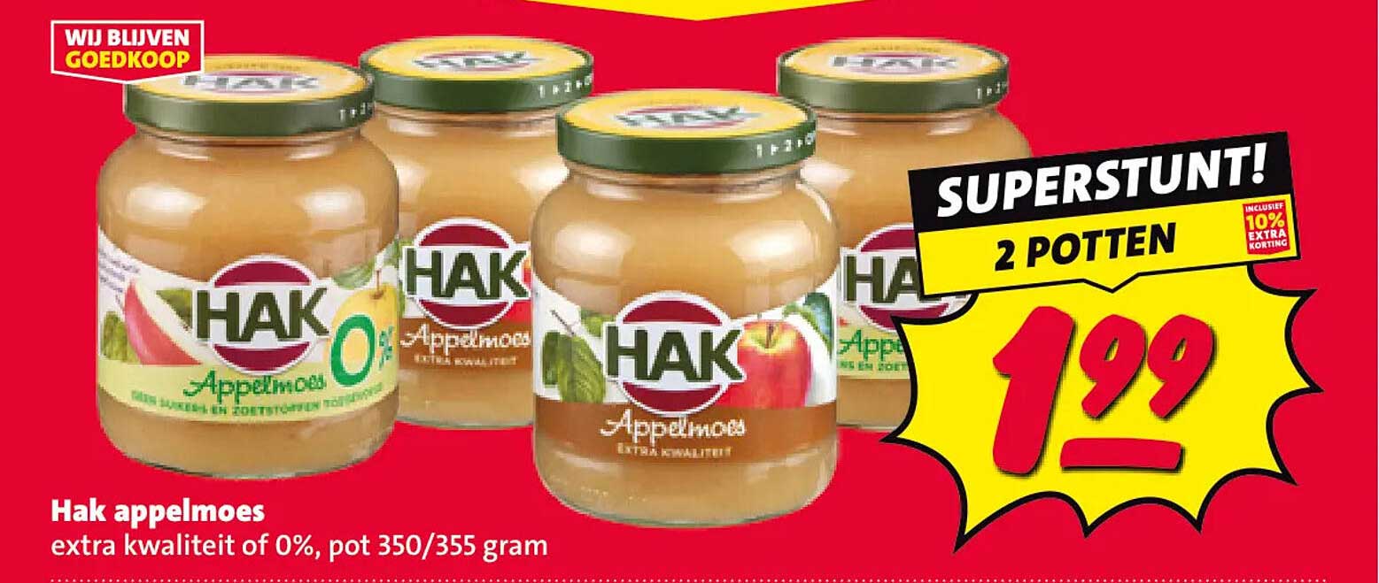 Hak appelmoes extra kwaliteit of 0%, pot 350/355 gram 2 POTTEN