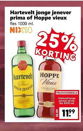 Hartevelt jonge jenever prima of Hoppe vieux fles 1000 ml. NIX18 25% KORTING