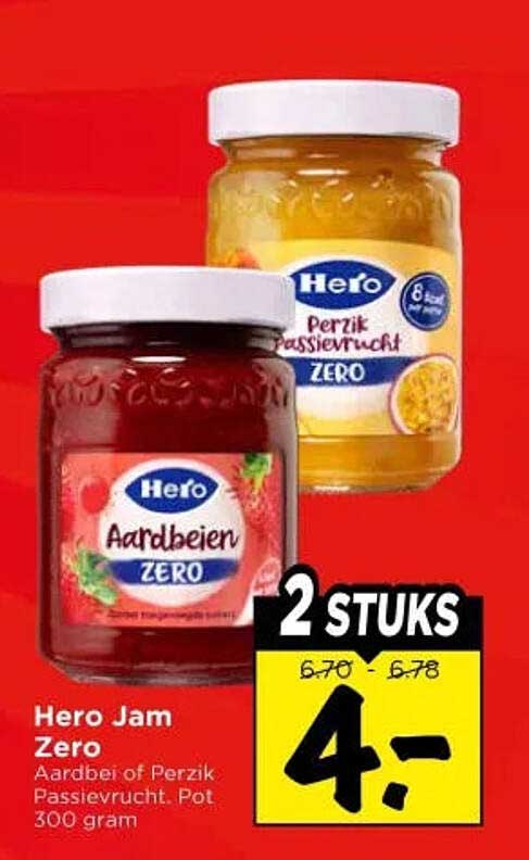 Hero Jam Zero Aardbei of Perzik Passievrucht, 2 stuks