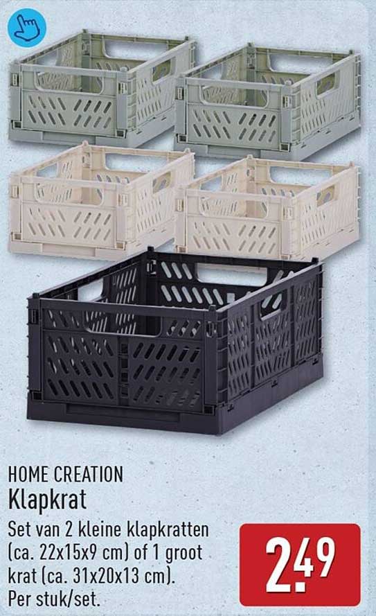 HOME CREATION Klapkrat Set van 2 kleine klapkratten (ca. 22x15x9 cm) of 1 groot krat (ca. 31x20x13 cm). Per stuk/set.