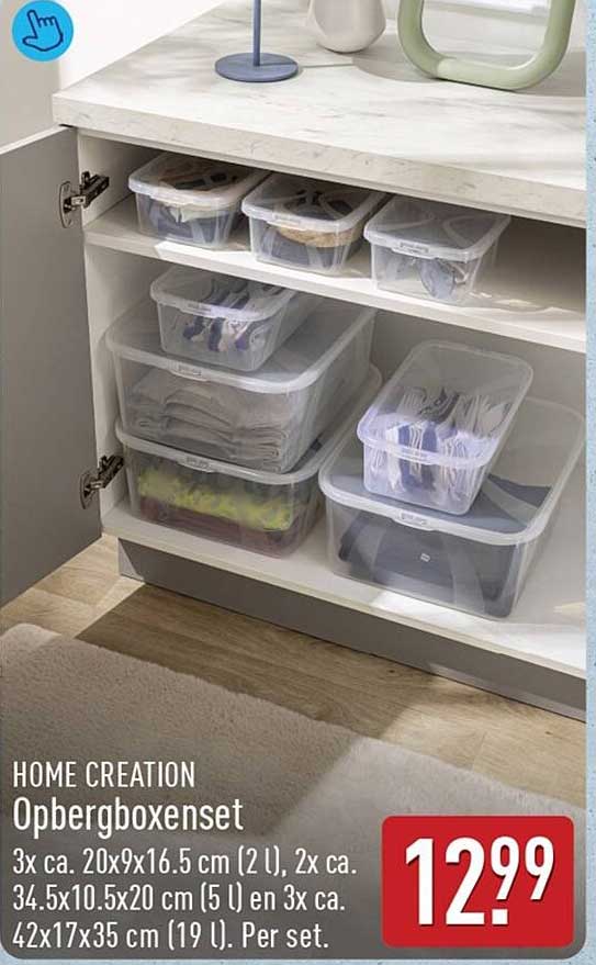 HOME CREATION Opbergboxenset 3x ca. 20x9x16.5 cm (2 l), 2x ca. 34.5x10.5x20 cm (5 l) en 3x ca. 42x17x35 cm (19 l). Per set.