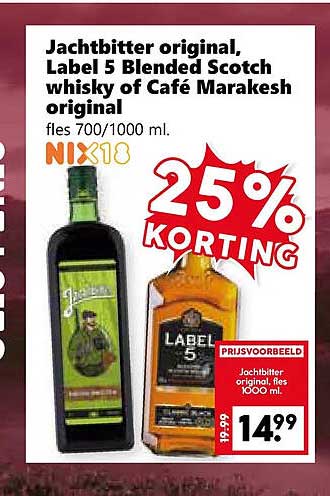 Jachtbitter original, Label 5 Blended Scotch Whisky of Café Marakesh original