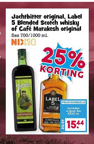 Jachtbitter original, Label 5 Blended Scotch whisky of Café Marakesh original fles 700/1000 ml. NIX18 25% KORTING