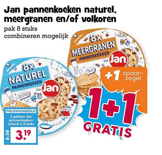 Jan pannenkoeken naturel, meergranen en/of volkoren pak 8 stuks combineren mogelijk +1 spaarzegel 1+1 GRATIS