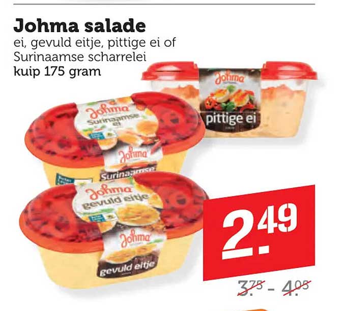 Johma salade ei, gevuld eitje, pittige ei of Surinaamse scharrelei kuip 175 gram