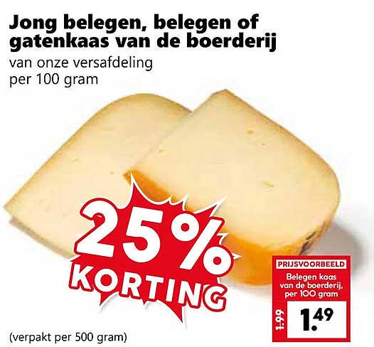 Jong belegen, belegen of gatenkaas van de boerderij 25% korting
