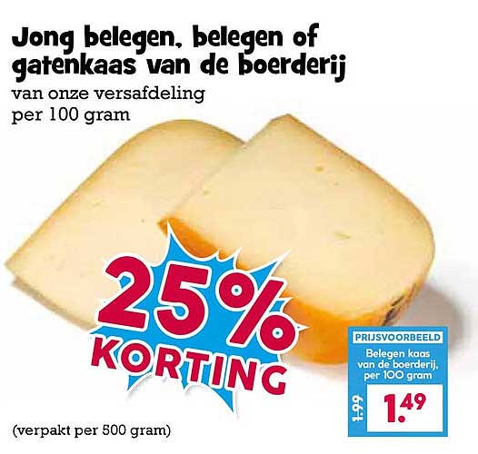 Jong belegen, belegen of gatenkaas van de boerderij 25% KORTING