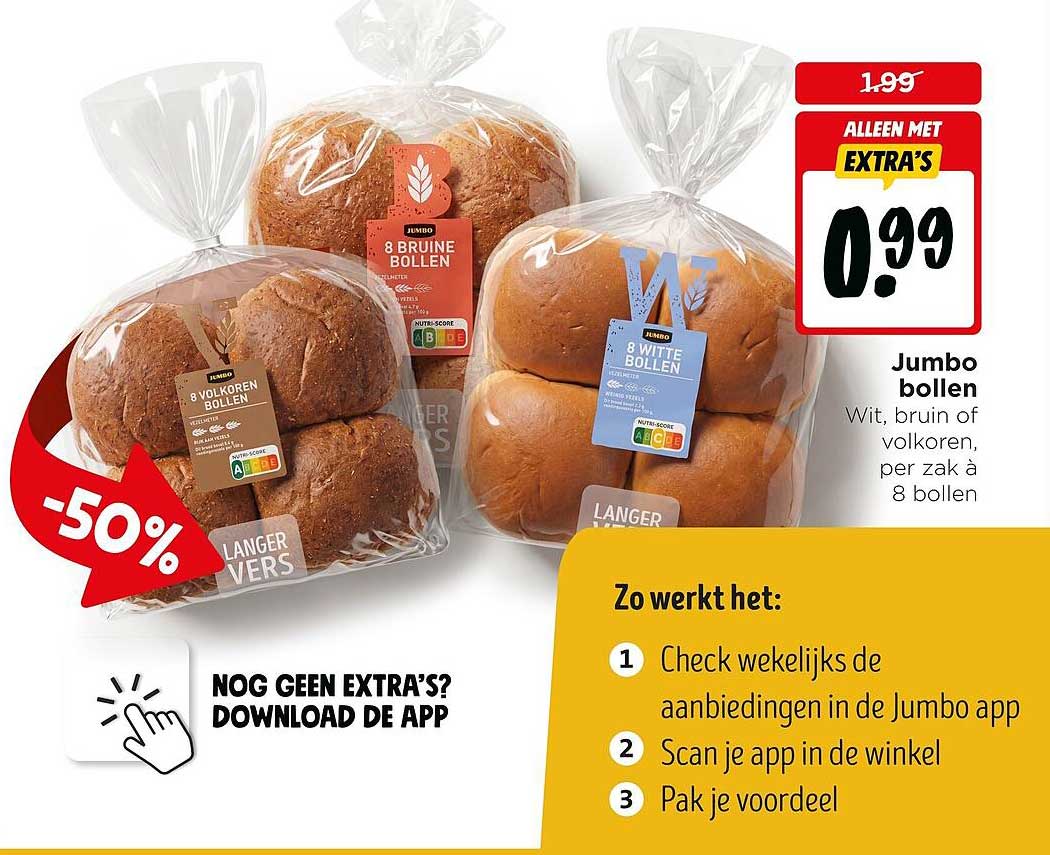 Jumbo bollen Wit, bruin of volkoren, per zak à 8 bollen