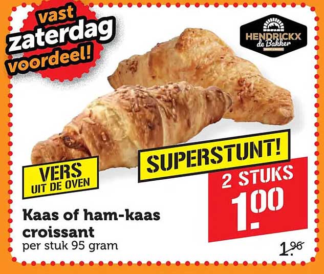 Kaas of ham-kaas croissant per stuk 95 gram SUPERSTUNT! 2 STUKS 1.00