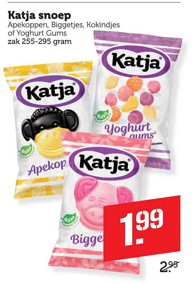 Katja snoep Apekoppen, Biggetjes, Kokindjes of Yoghurt Gums zak 255-295 gram