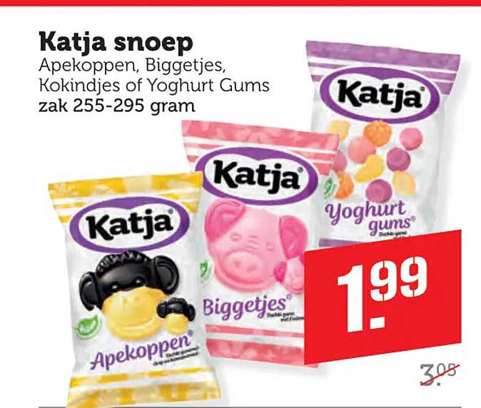 Katja snoep Apekoppen, Biggetjes, Kokindjes of Yoghurt Gums zak 255-295 gram