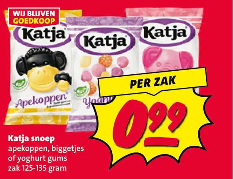 Katja snoep apekoppen, biggetjes of yoghurt gums zak 125-135 gram