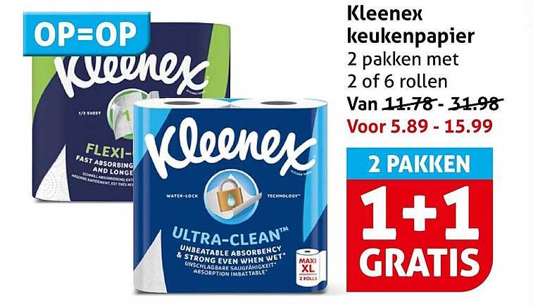 Kleenex keukenpapier 2 pakken met 2 of 6 rollen 2 PAKKEN 1+1 GRATIS