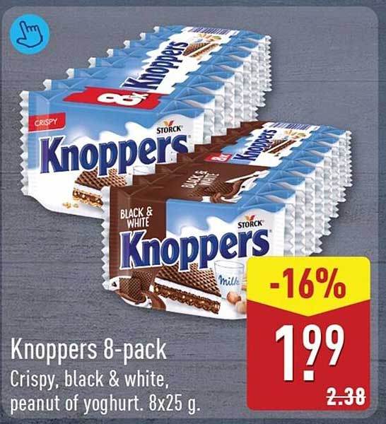 Knoppers 8-pack Crispy black & white, peanut of yoghurt. 8x25 g -16%