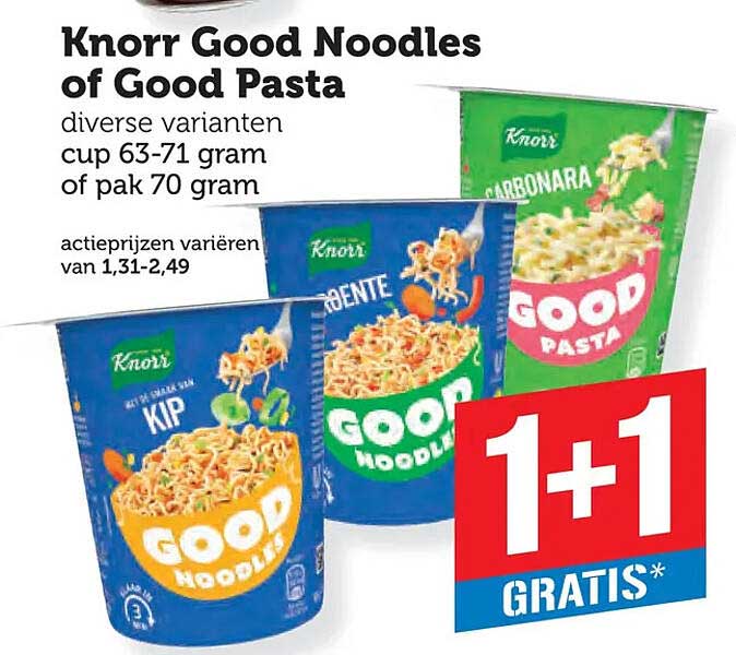 Knorr Good Noodles of Good Pasta diverse varianten cup 63-71 gram of pak 70 gram 1+1 gratis