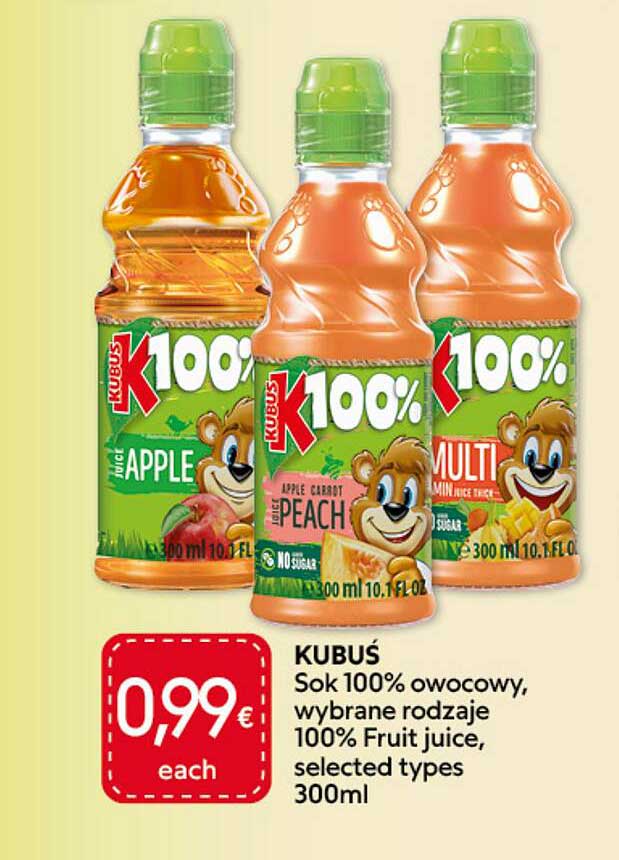 KUBUŚ Sok 100% owocowy, wybrane rodzaje 100% Fruit juice, selected types 300ml