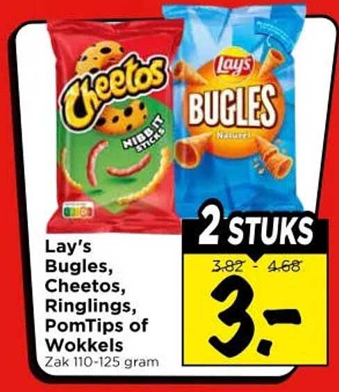 Lay's Bugles, Cheetos, Ringlings, PomTips of Wokkels 2 stuks