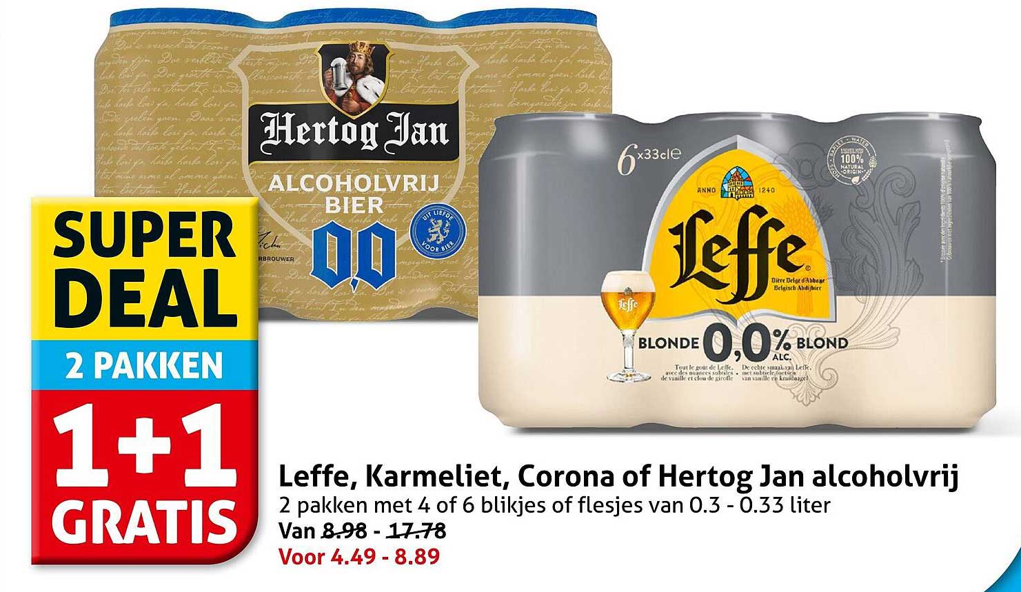 Leffe, Karmeliet, Corona of Hertog Jan alcoholvrij 1+1 gratis