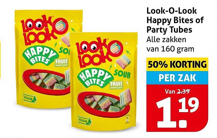 Look-O-Look Happy Bites of Party Tubes Alle zakken van 160 gram 50% KORTING PER ZAK