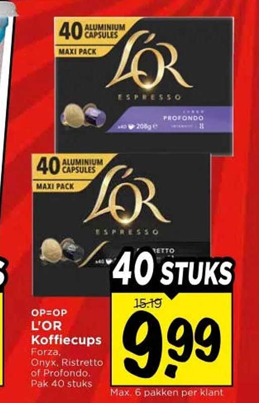 L'OR Koffiecups Forza, Onyx, Ristretto of Profondo. Pak 40 stuks