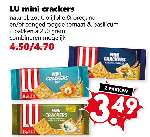 LU mini crackers naturel, zout, olijfolie & oregano en/of zongedroogde tomaat & basilicum 2 pakken à 250 gram combineren mogelijk 2 pakken