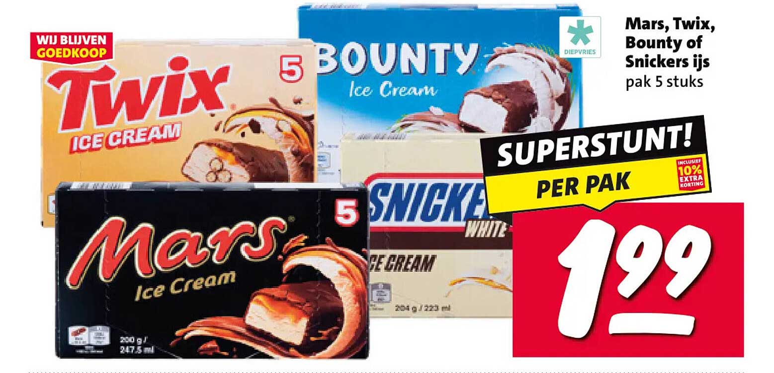 Mars, Twix, Bounty of Snickers ijs pak 5 stuks SUPERSTUNT! PER PAK