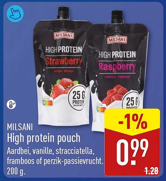 MILSANI High protein pouch Aardbei, vanille, stracciatella, framboos of perzik-passievrucht. 200 g.