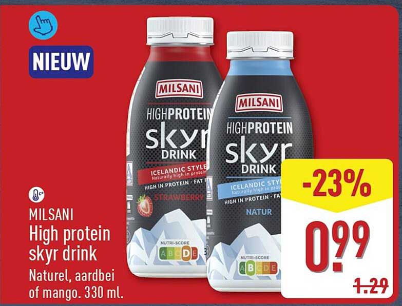 MILSANI High protein skyr drink Naturel, aardbei of mango. 330 ml.