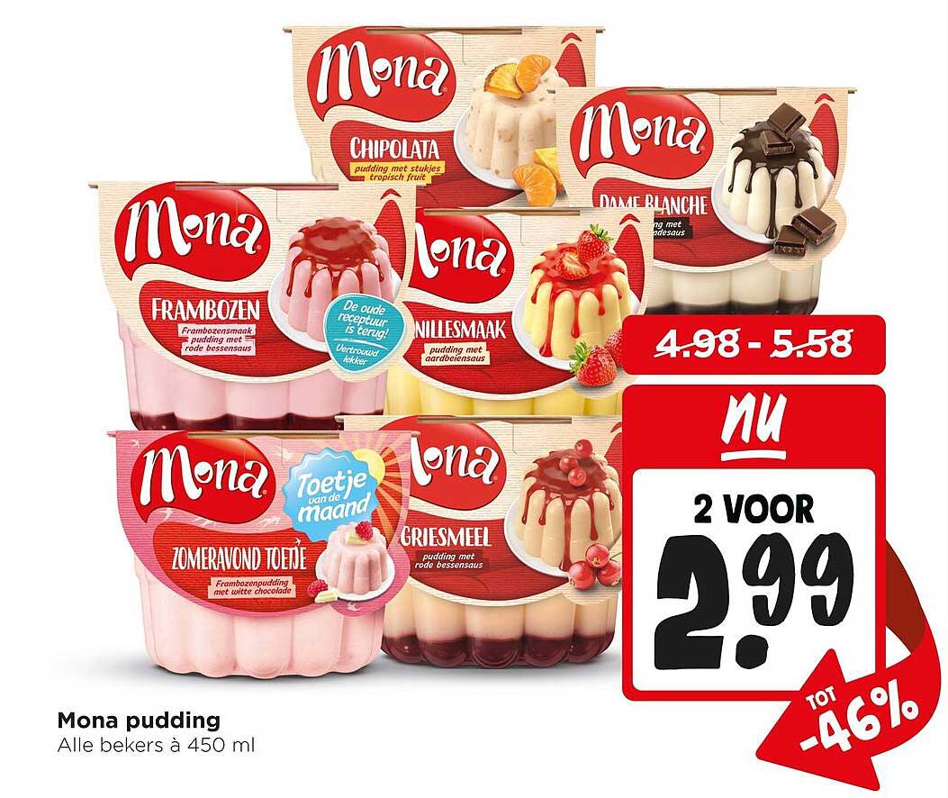 Mona pudding Alle bekers à 450 ml 2 voor 2.99