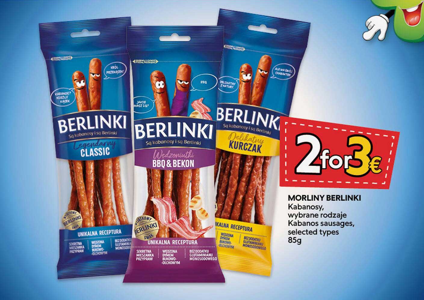 MORLINY BERLINKI Kabanosy, wybrane rodzaje Kabanos sausages, selected types 85g