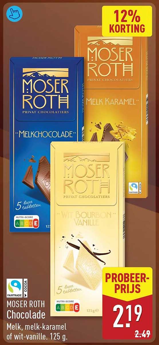 MOSER ROTH Chocolade Melk, melk-karamel of wit-vanille, 125 g. 12% KORTING