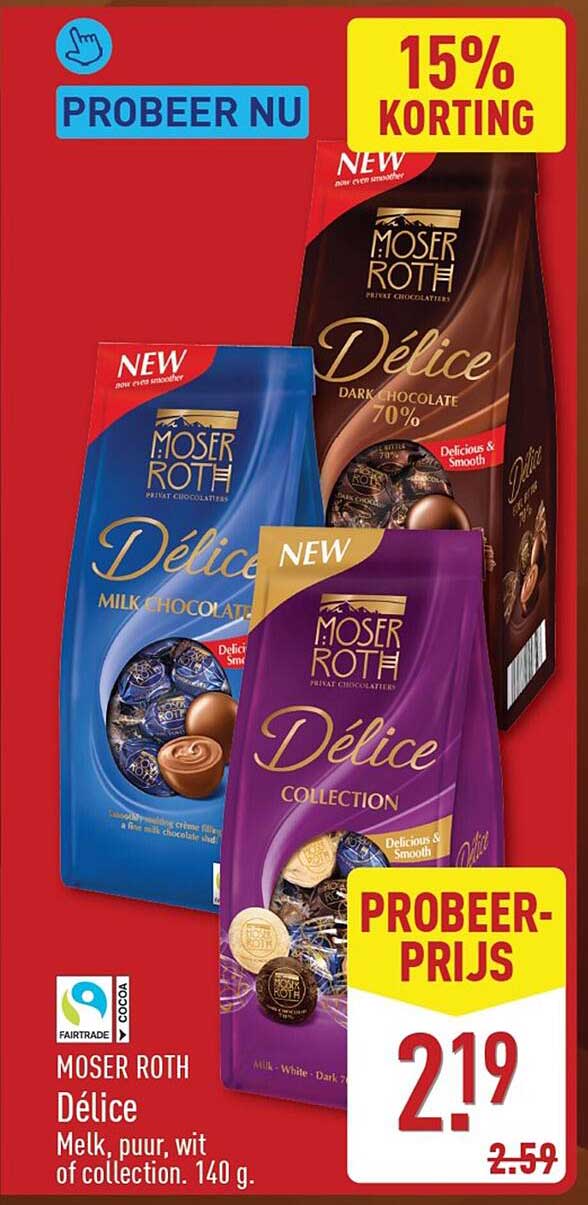 MOSER ROTH Délice Melk, puur, wit of collection. 140 g. 15% KORTING