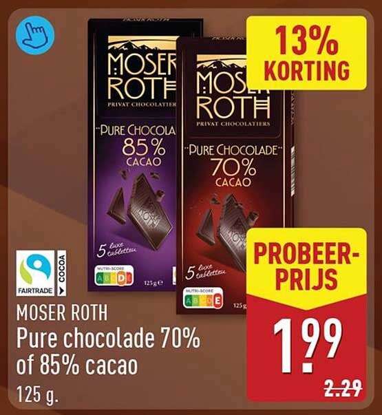 MOSER ROTH Pure chocolade 70% of 85% cacao 125 g 13% korting