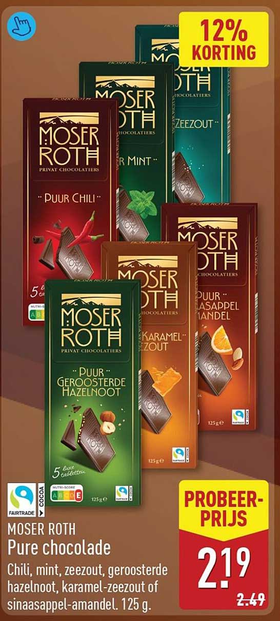 MOSER ROTH Pure chocolade Chili, mint, zeezout, geroosterde hazelnoot, karamel-zeezout of sinaasappel-amandel. 125 g.