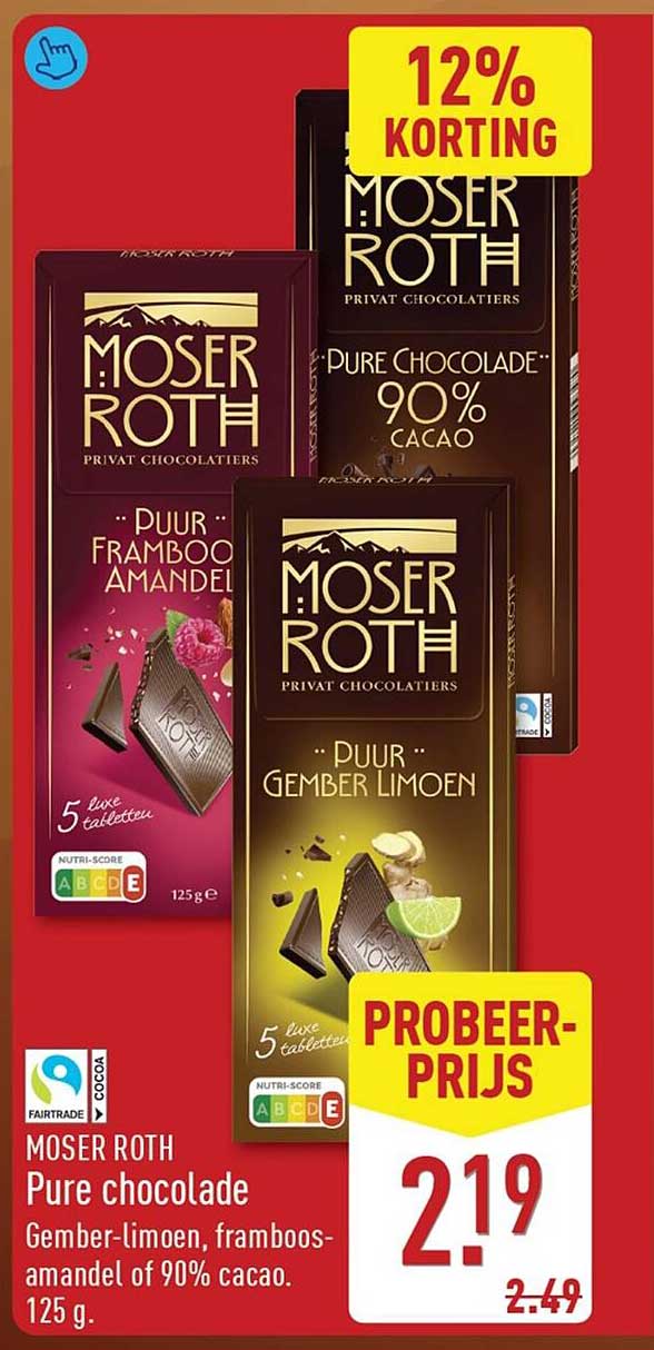 MOSER ROTH Pure chocolade Gember-limoen, framboos-amandel of 90% cacao. 125 g.