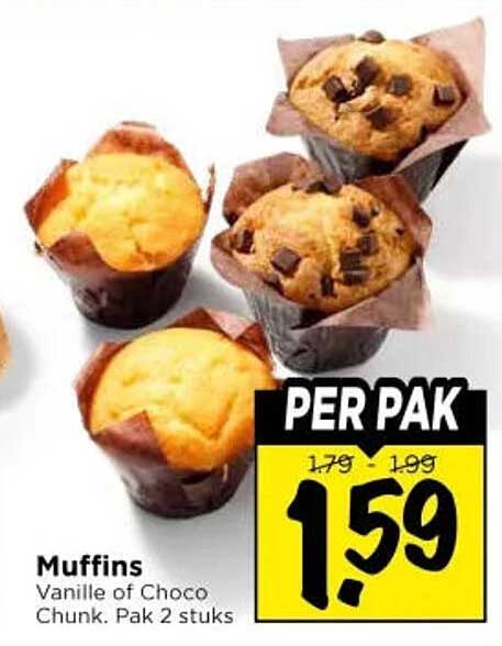 Muffins Vanille of Choco Chunk. Pak 2 stuks PER PAK