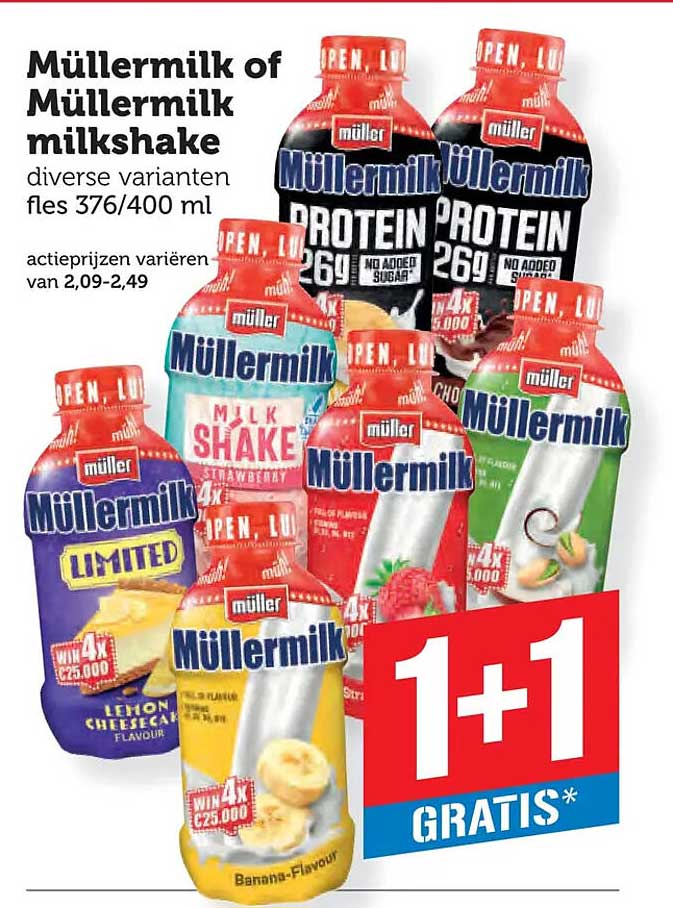 Müllermilk of Müllermilk milkshake diverse varianten fles 376/400 ml 1+1 GRATIS*
