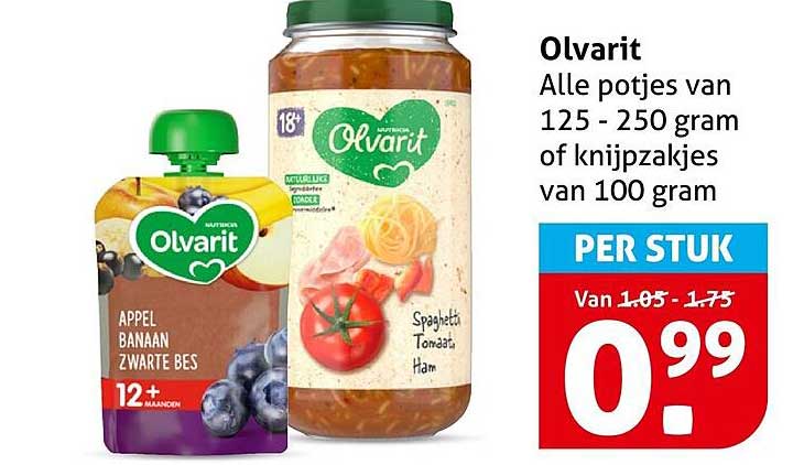 Olvarit Alle potjes van 125 - 250 gram of knijpzakjes van 100 gram PER STUK